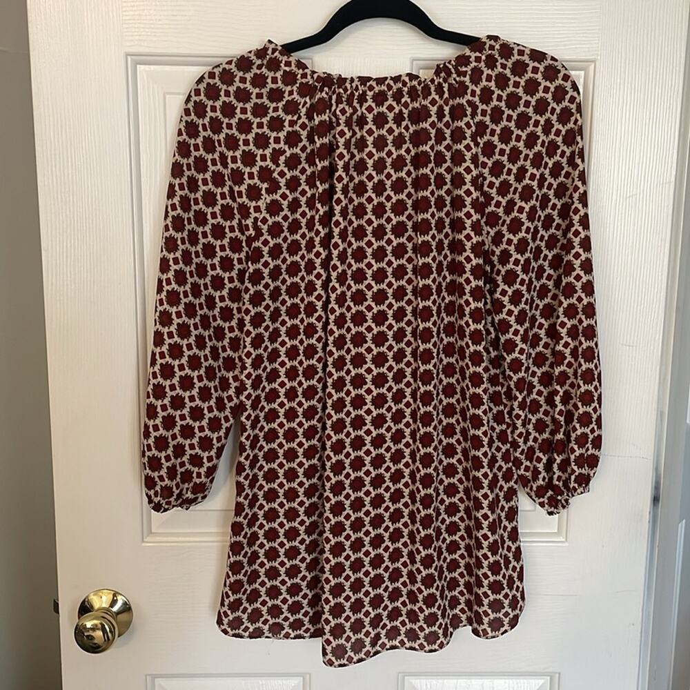Roz & Ali Womens Blouse Large Geometric Diamond Red Cream 3/4 Length Sleeve - Picture 2 of 9